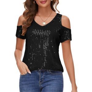NEW Black Sequin Cold Shoulder Short Sleeve Dressy Blouse S